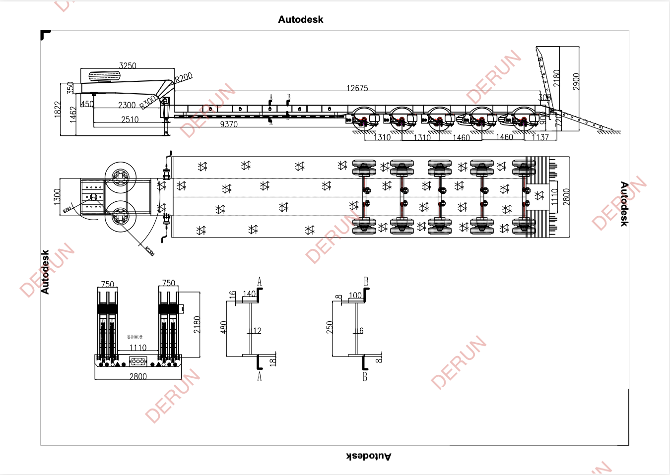 Drawing of 5 axle lowbed semi trailer