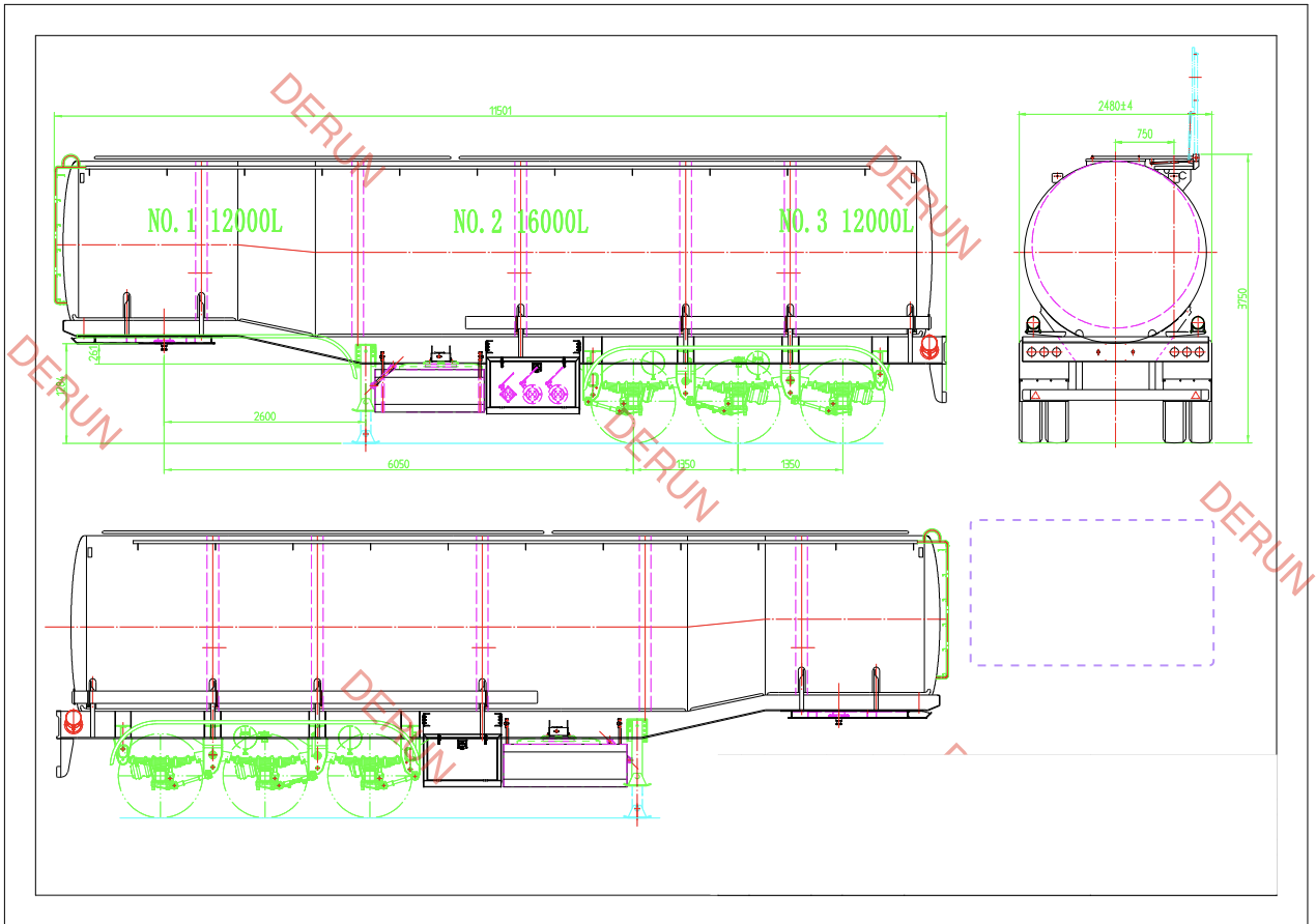 Drawing of 3 axle oil tank semi trailer