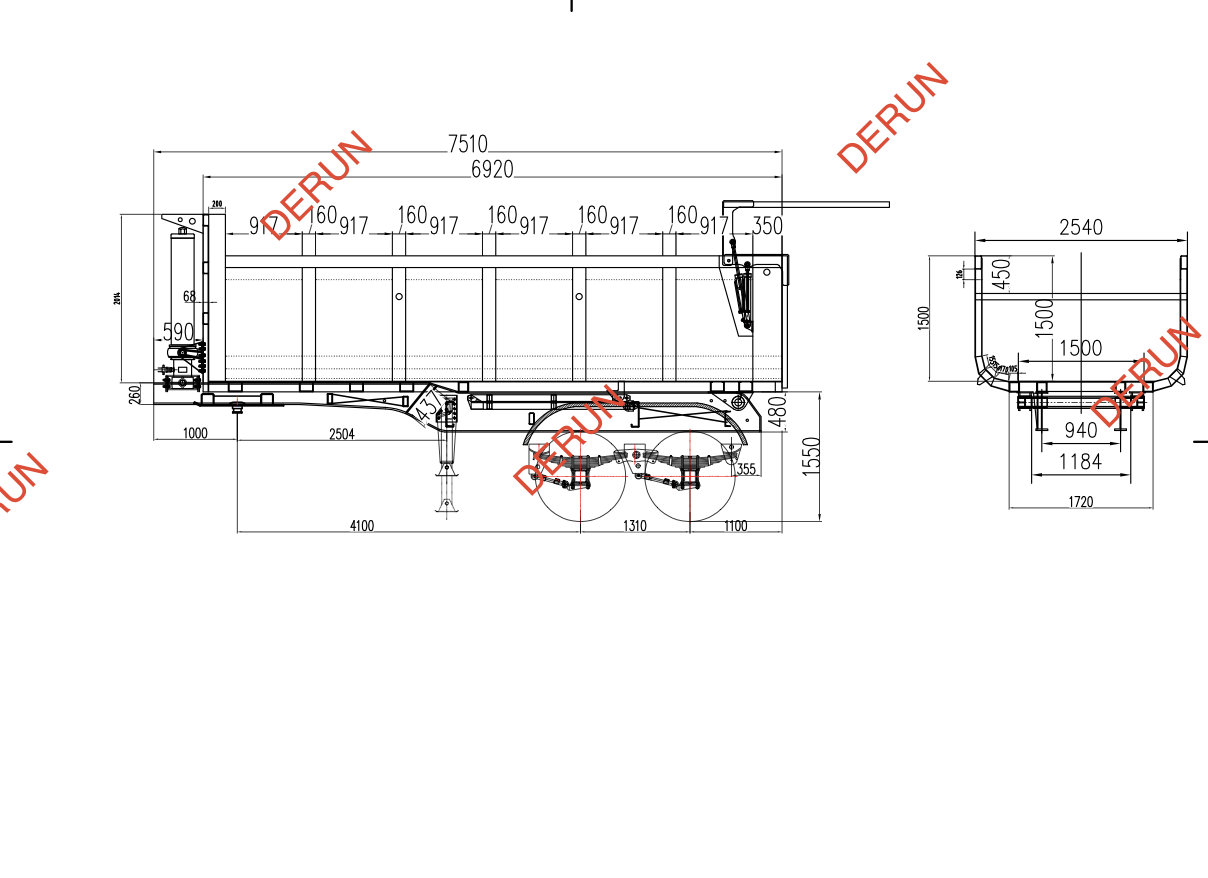 Drawing of 2 axle rear dump semi trailer