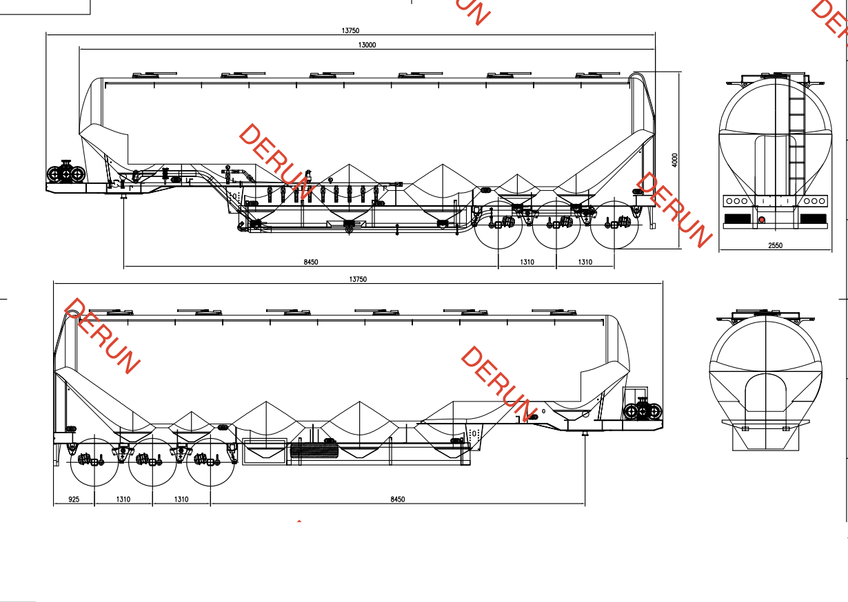 Drawing of 56 CBM cement tank semi trailer